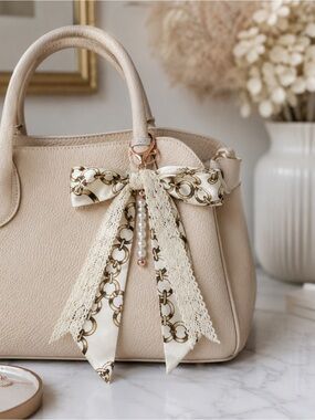 Elegant Satin Bow Bag Charm Keychain with Lace & Pearl Accent